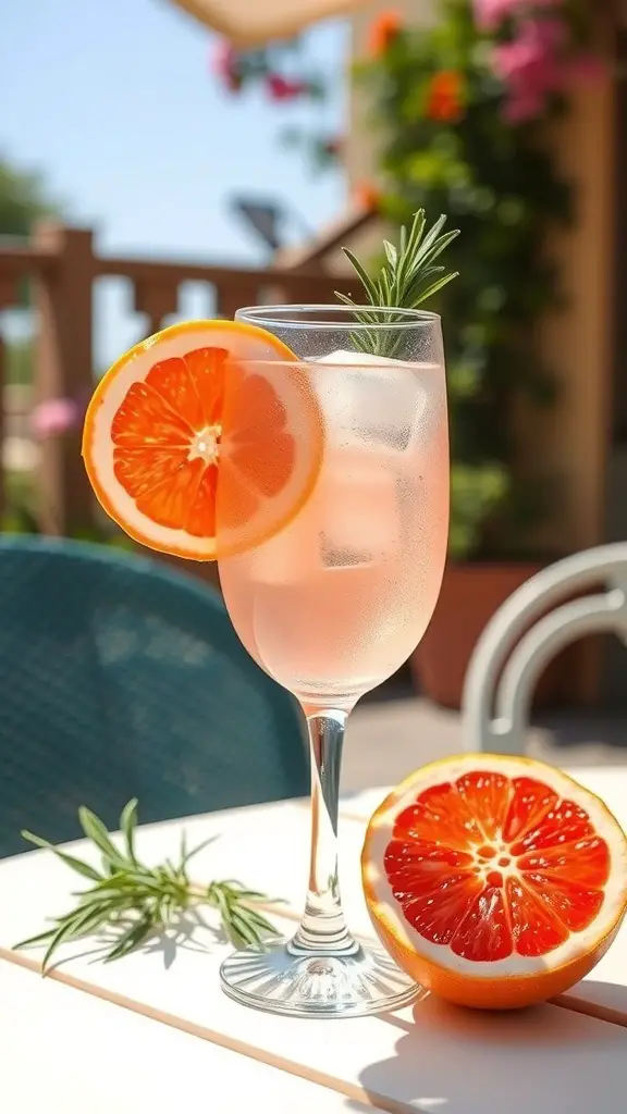 A refreshing Pink Grapefruit Spritz cocktail garnished with a slice of grapefruit and a sprig of rosemary.