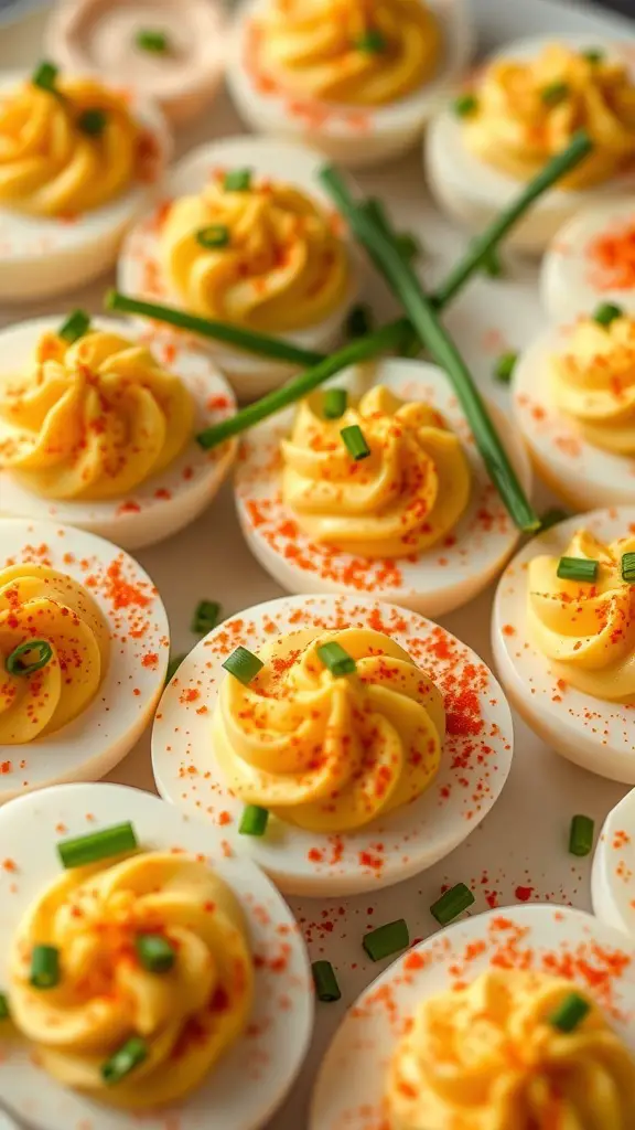 A platter of deviled eggs topped with paprika and chives, showcasing a festive Easter buffet idea.