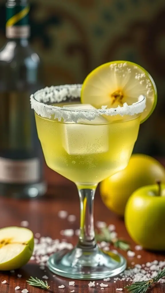 A vibrant green cocktail in a glass with a salted rim, garnished with a slice of green apple, surrounded by fresh green apples.
