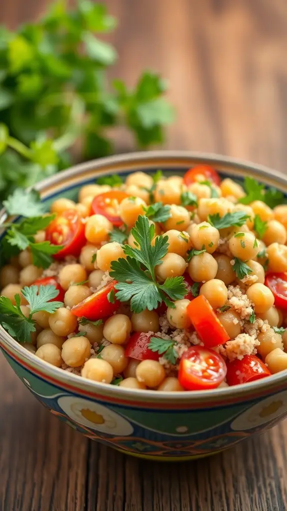 A bowl of Chickpea Tabbouleh with parsley and cherry tomatoes.