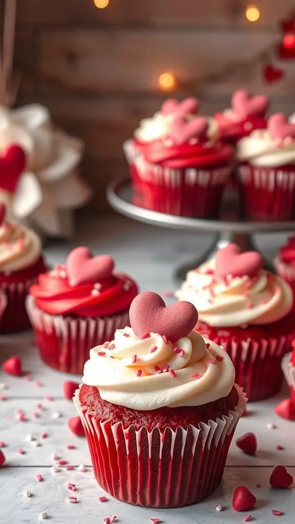 A close-up of red velvet cupcakes with heart decorations, perfect for a Galentine's dinner party.