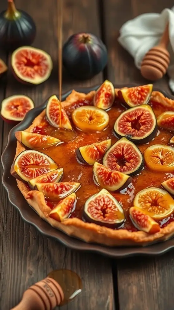 A caramelized fig tart topped with fresh figs and a glossy caramel glaze, placed on a wooden table.