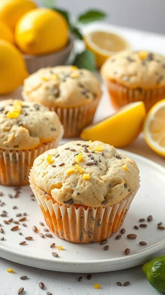 Chia Seed Lemon Muffins with fresh lemons in the background