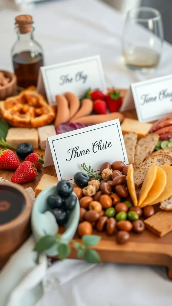 A charcuterie board featuring personalized place cards for each item.