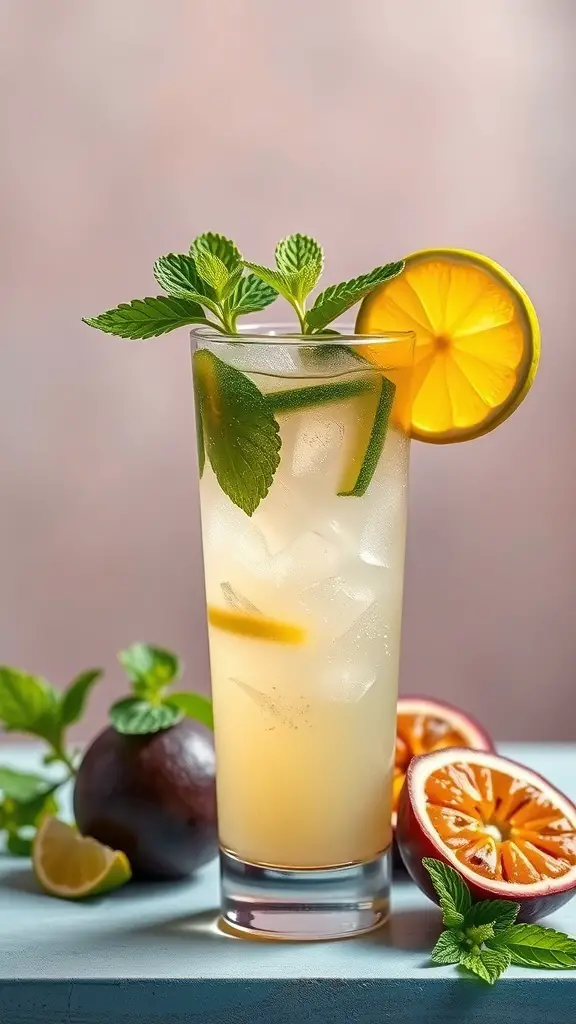 A refreshing Passionfruit Mojito cocktail garnished with mint and lime slices, served in a tall glass.