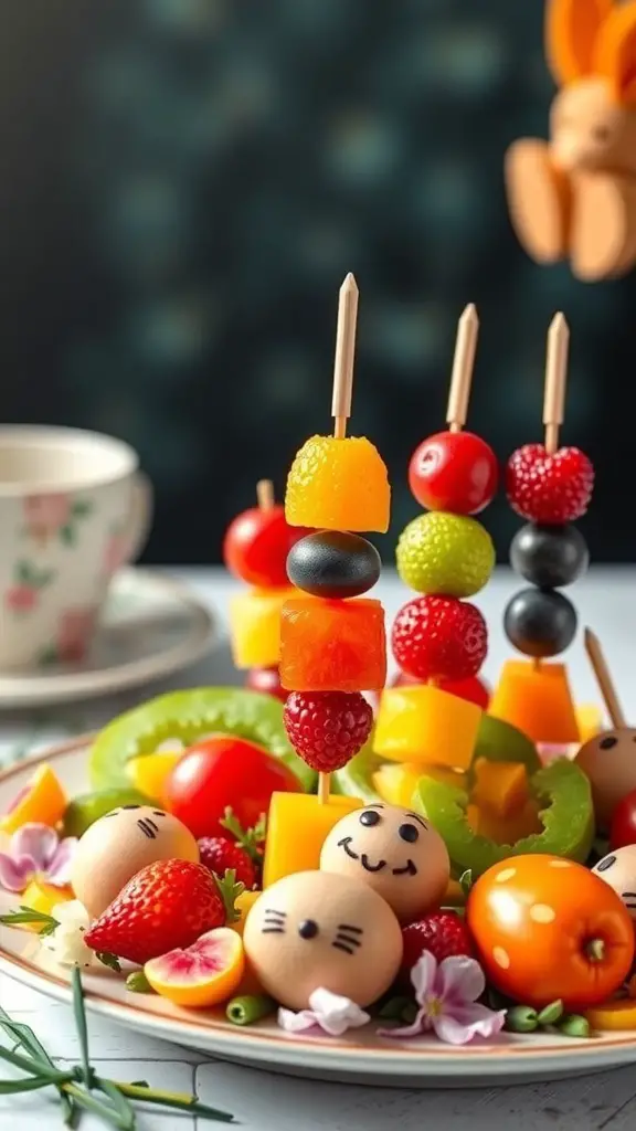 Colorful fruit kebabs arranged on a plate with cute decorations