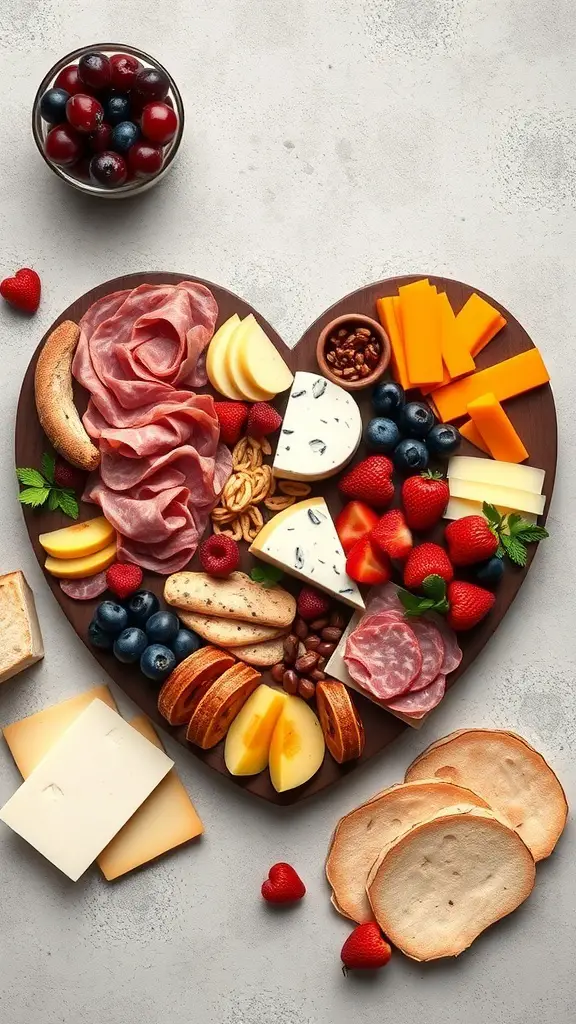 A heart-shaped charcuterie board featuring various cheeses, meats, fruits, and nuts arranged artfully.