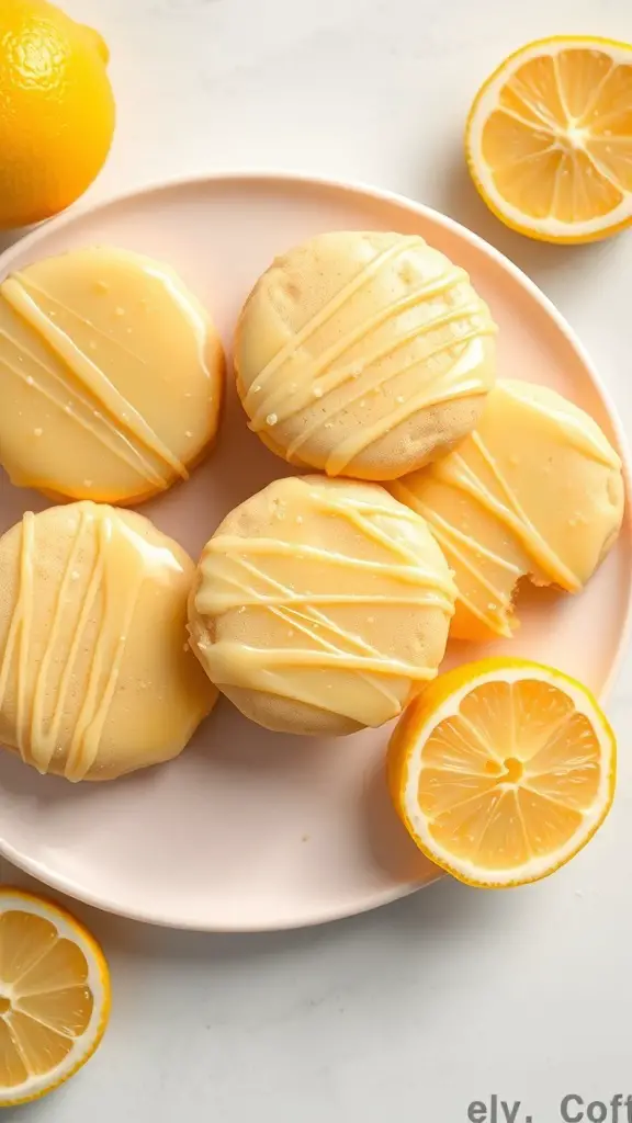 Plate of lemon zest cookies with lemon glaze, surrounded by fresh lemons.