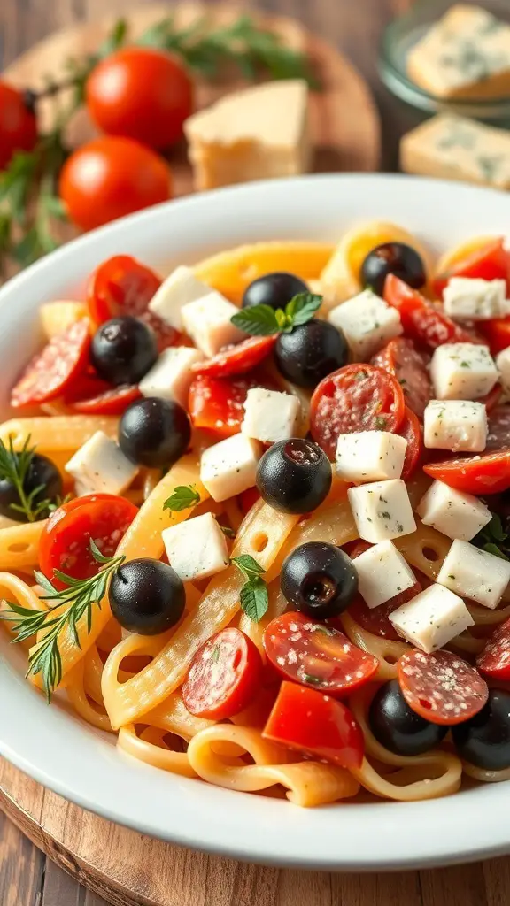 A bowl of Italian pasta salad with salami, cherry tomatoes, olives, and mozzarella.
