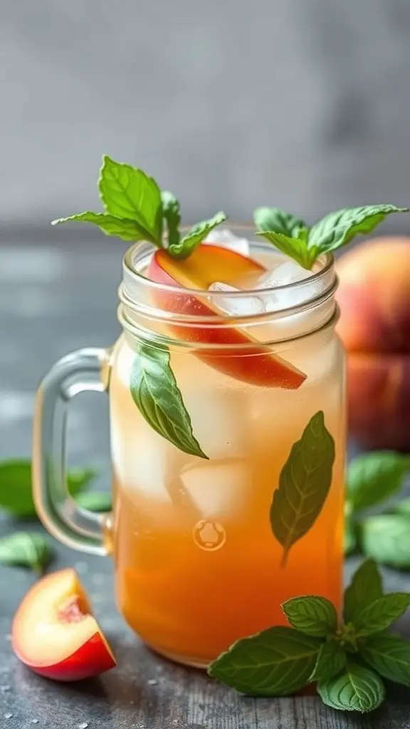 A refreshing Peach Basil Iced Tea in a mason jar with ice, garnished with peach slices and basil leaves.