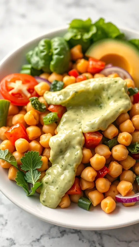 Chickpea salad topped with creamy avocado dressing and colorful vegetables