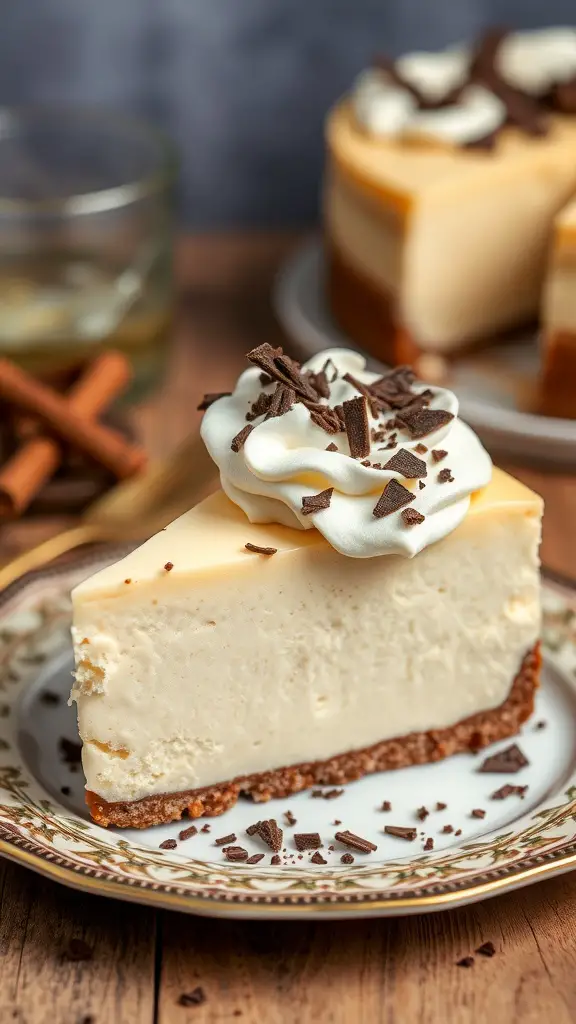 A slice of Irish Cream Cheesecake topped with whipped cream and chocolate shavings on a decorative plate.