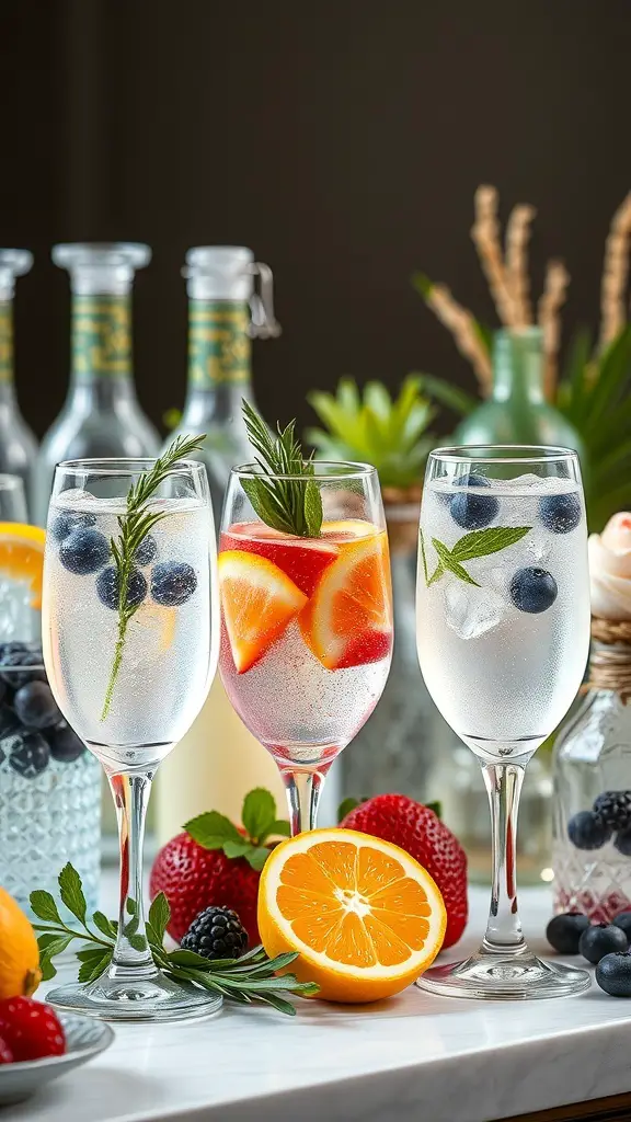 A sparkling water bar with glasses filled with flavored sparkling water, garnished with fruits and herbs.
