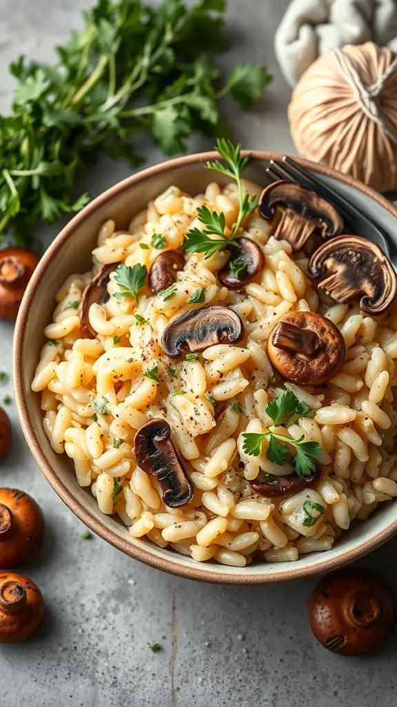 A bowl of creamy vegan mushroom risotto garnished with fresh herbs and mushrooms, surrounded by ingredients.