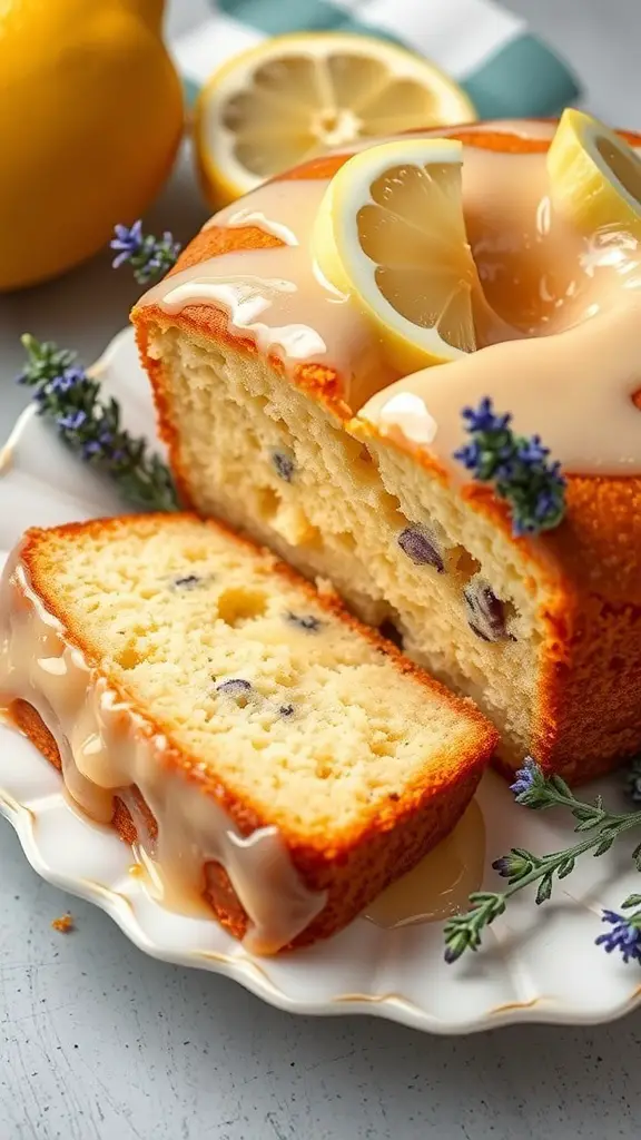 A slice of Lavender Lemon Drizzle Cake with lemon slices and lavender sprigs on a plate.