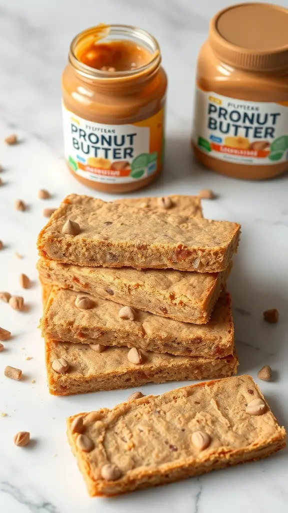 Peanut butter protein bars stacked with jars of Pronut Butter in the background