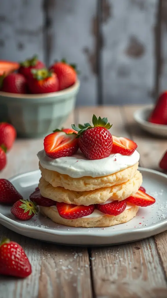 Fluffy strawberry shortcake biscuits topped with fresh strawberries and whipped cream on a plate.