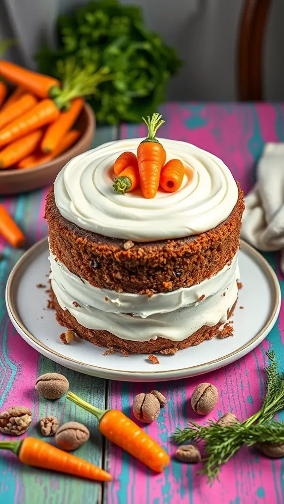 A beautifully decorated Carrot and Walnut Garden Cake with mini carrot toppings, surrounded by fresh carrots and walnuts.