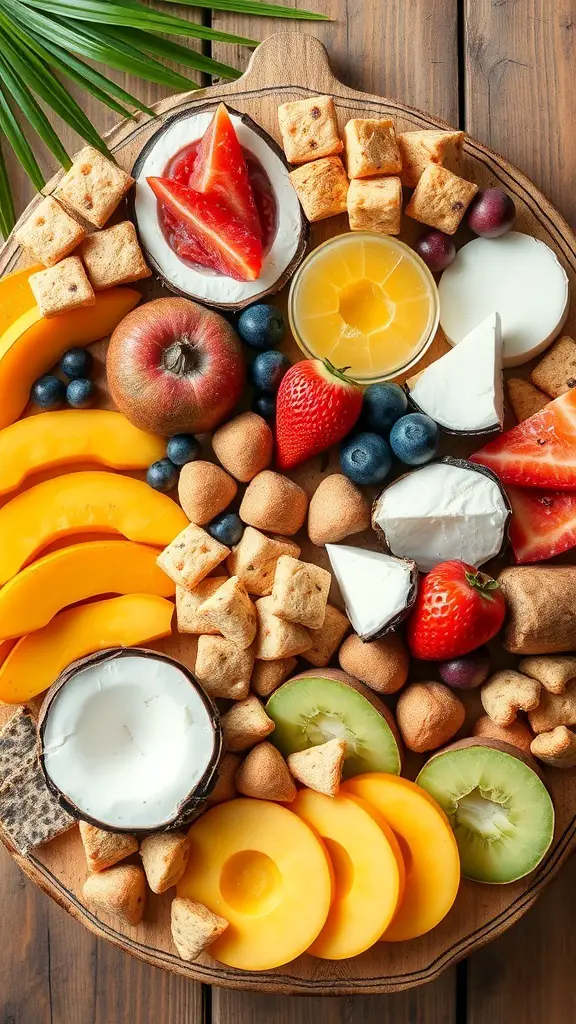 A colorful tropical charcuterie board featuring fruits, cheeses, and snacks.