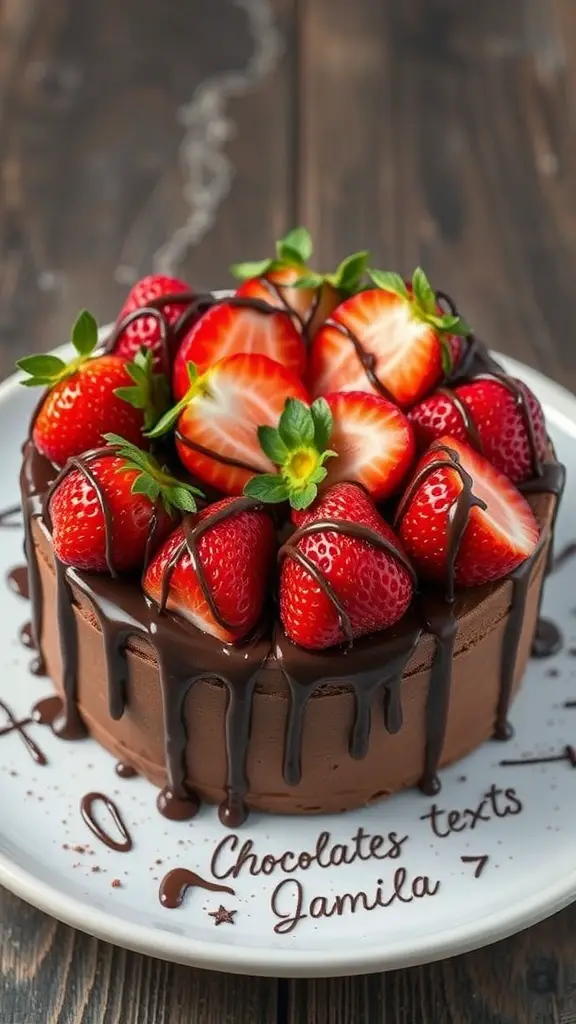 A chocolate bento cake topped with fresh strawberries and drizzled with chocolate.