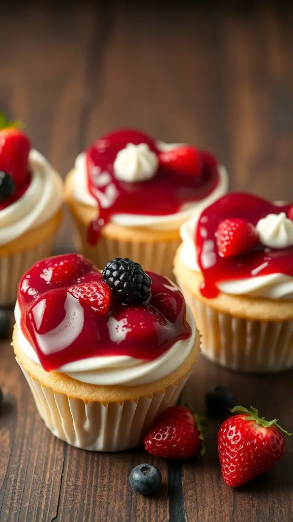 Heart-shaped vanilla bean cupcakes topped with berry compote and fresh berries