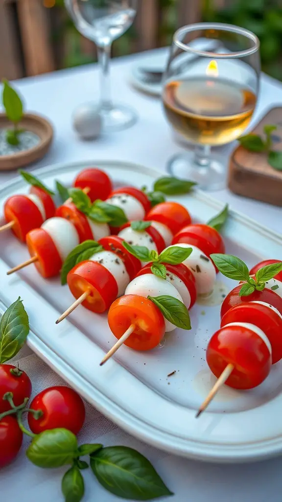 A platter of Caprese salad bites on skewers with cherry tomatoes, mozzarella balls, and basil leaves.