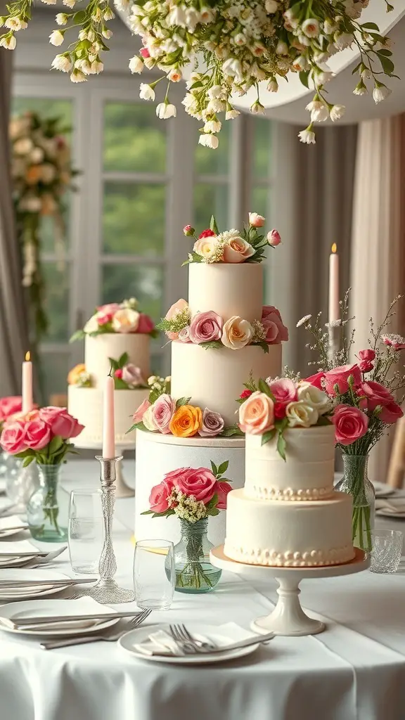 A display of beautifully decorated spring flower cakes on a table with floral arrangements.