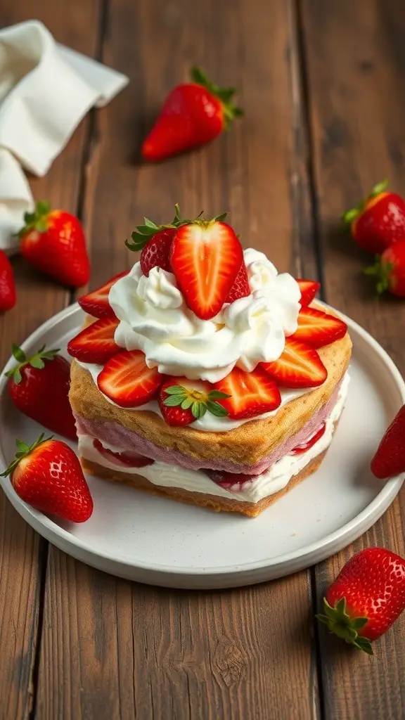 A classic strawberry poke cake topped with fresh strawberries and whipped cream on a wooden table.