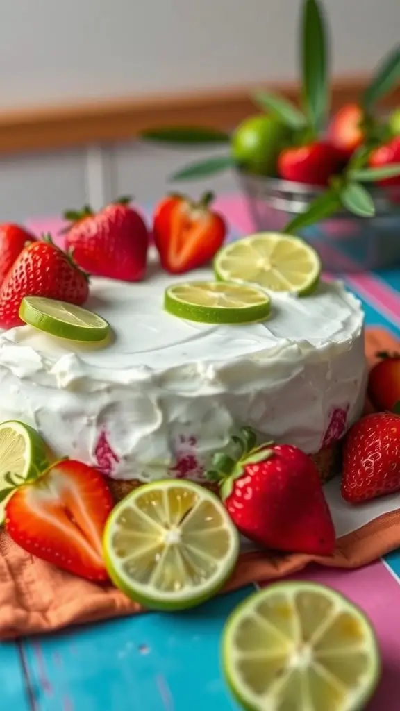 A strawberry lime poke cake topped with fresh strawberries and lime slices
