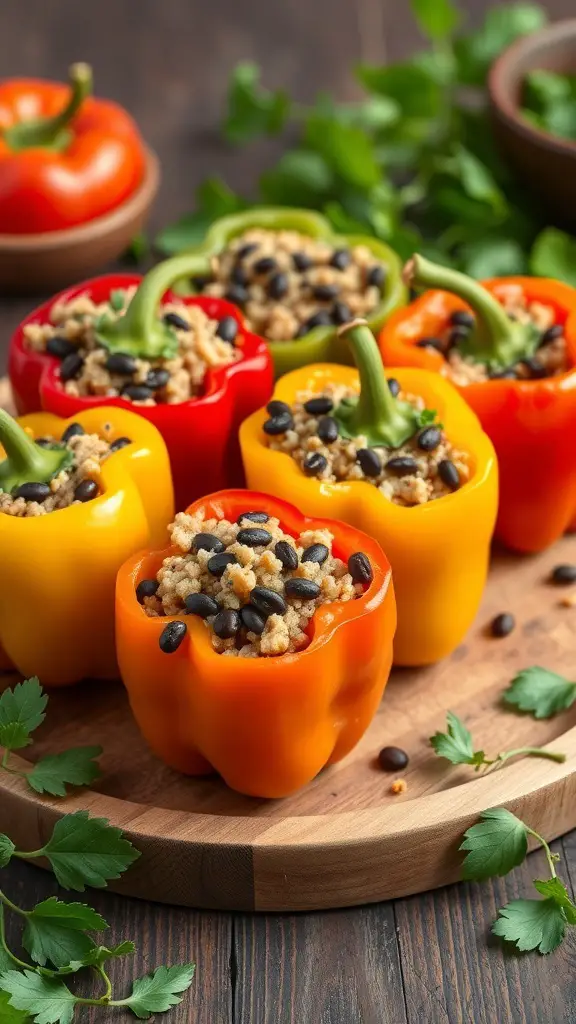 Colorful stuffed bell peppers filled with quinoa and black beans on a wooden platter