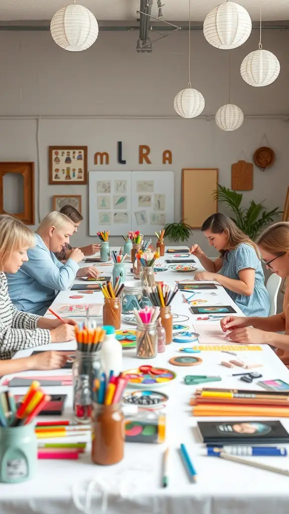A group of people engaged in a crafting activity at a table filled with art supplies.