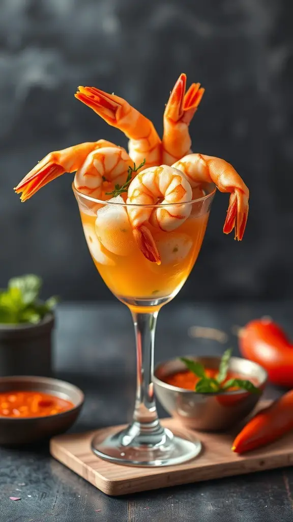 A glass of shrimp cocktail with spicy sauce, garnished with herbs.