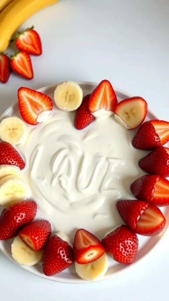 A plate of yogurt with strawberries and banana slices arranged in a heart shape, spelling 'LOVE' in the yogurt.