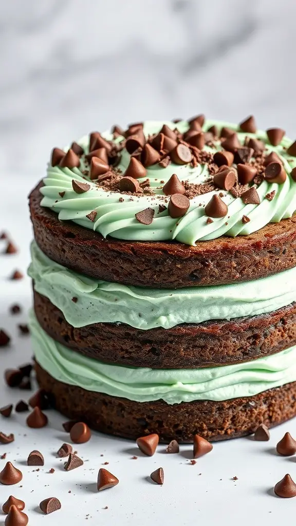 A three-layer Mint Chocolate Chip Cake with green frosting and chocolate chips on top.