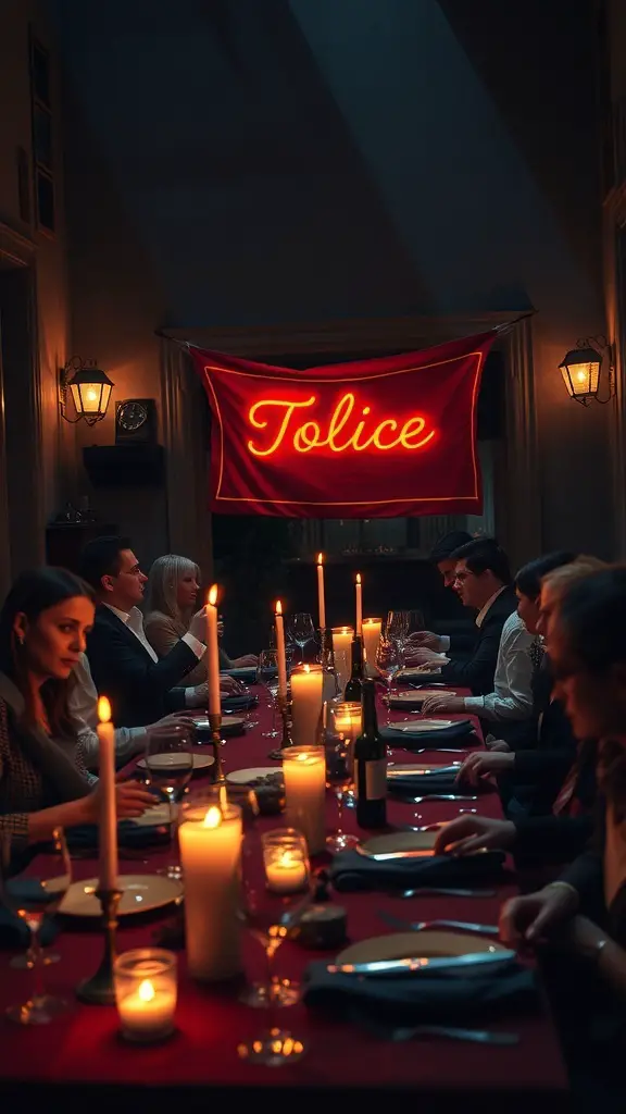 A candlelit dinner table set for a murder mystery party with guests seated, creating a suspenseful atmosphere.