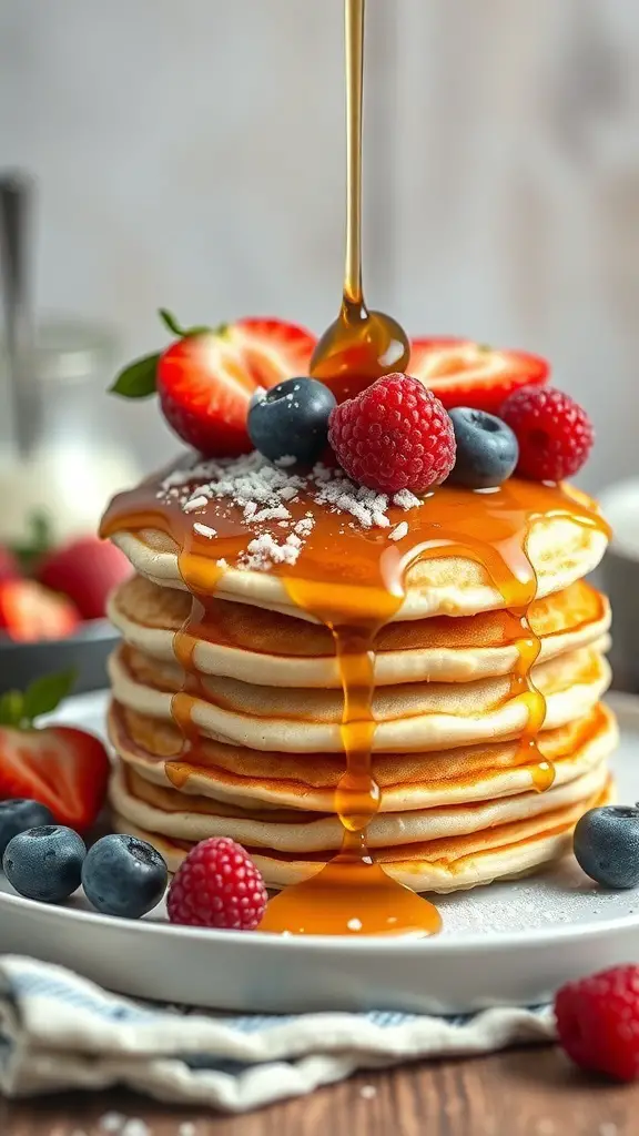 A stack of coconut flour pancakes topped with syrup and fresh berries.