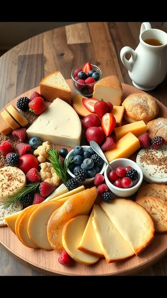 A beautifully arranged breakfast charcuterie board featuring cheeses, fruits, and baked goods.