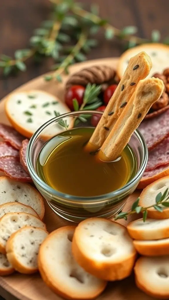 A bowl of herb-infused olive oil for dipping, surrounded by slices of bread and cured meats.