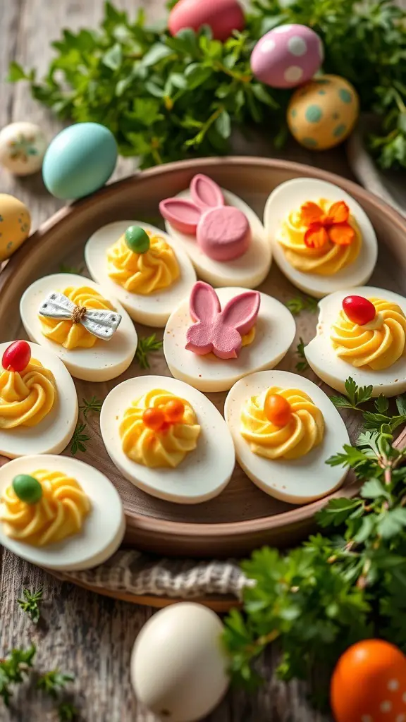 Colorful deviled eggs decorated for Easter with various toppings and pastel eggs in the background.