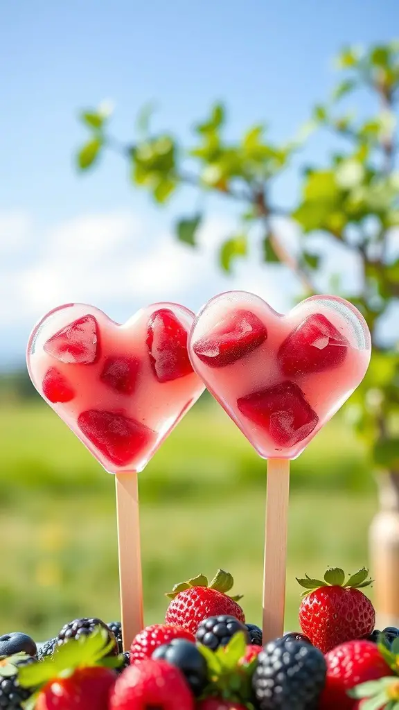 Two heart-shaped berry popsicles with strawberries in the background