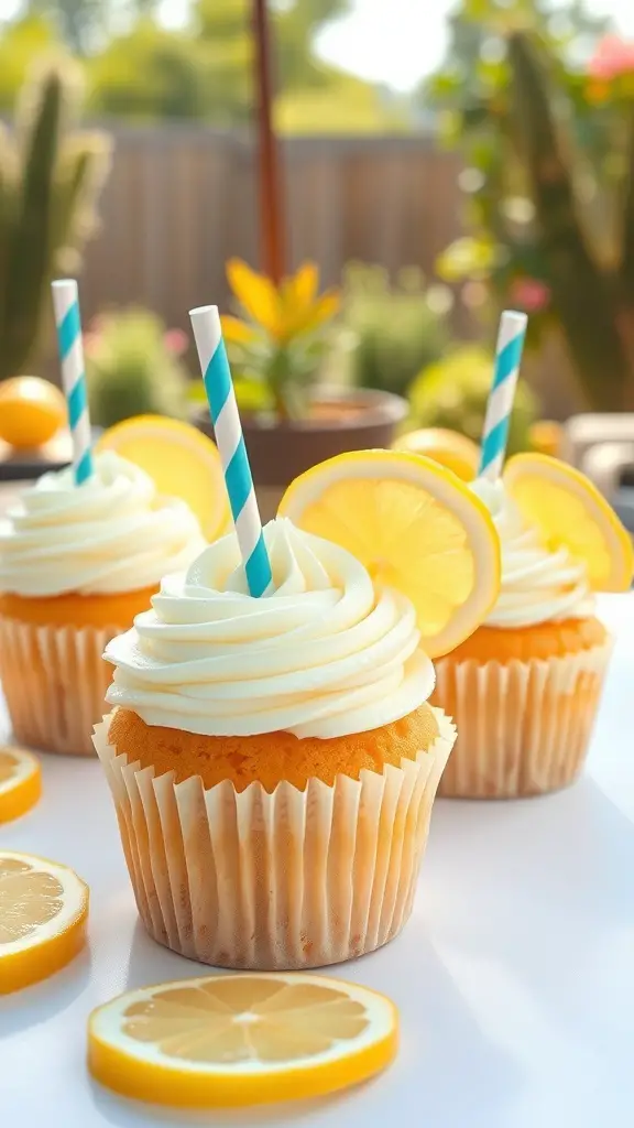 Three lemonade cupcakes with lemon slices and straws on top, surrounded by lemon slices.