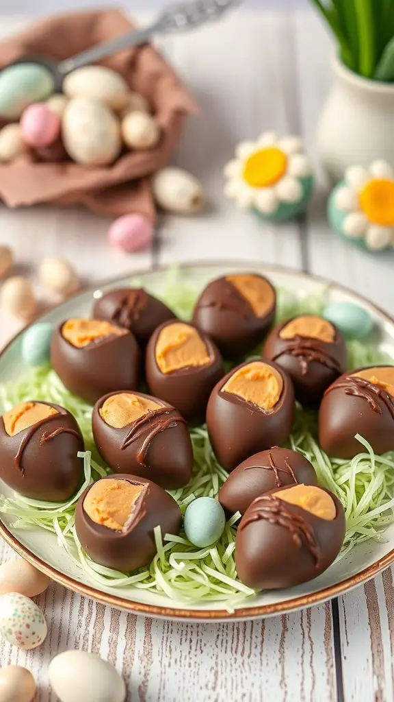 A plate of peanut butter chocolate egg treats arranged on a bed of green shredded paper, surrounded by colorful Easter eggs.