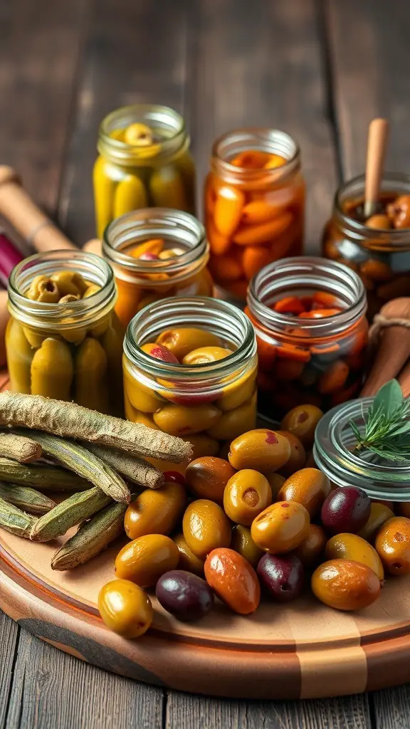 A variety of jars filled with colorful olives and pickles on a wooden platter.