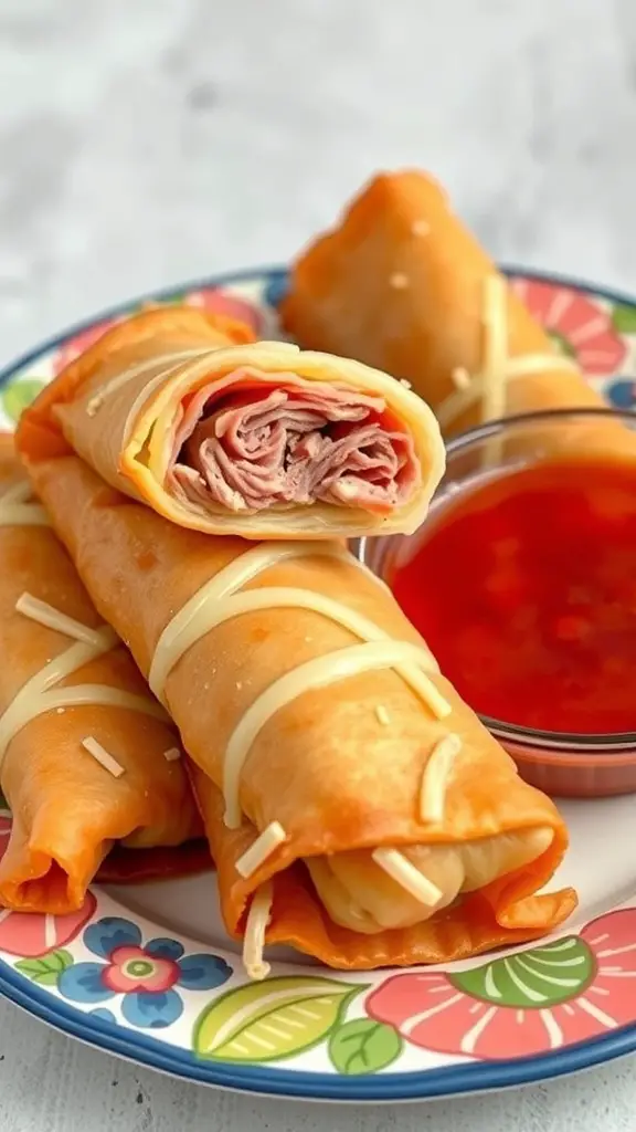 Corned beef and cabbage egg rolls on a colorful plate with dipping sauce