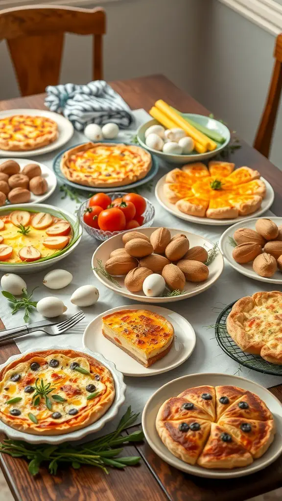 A beautifully arranged Easter brunch table featuring various quiches, boiled eggs, and fresh vegetables.