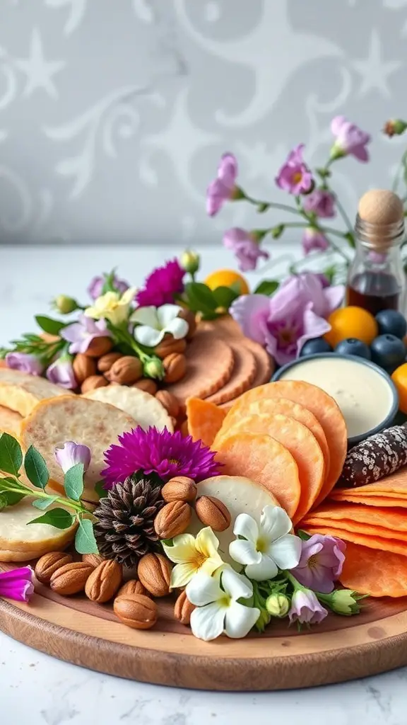 A beautifully arranged Easter charcuterie board featuring floral accents, cheeses, nuts, and fruits.