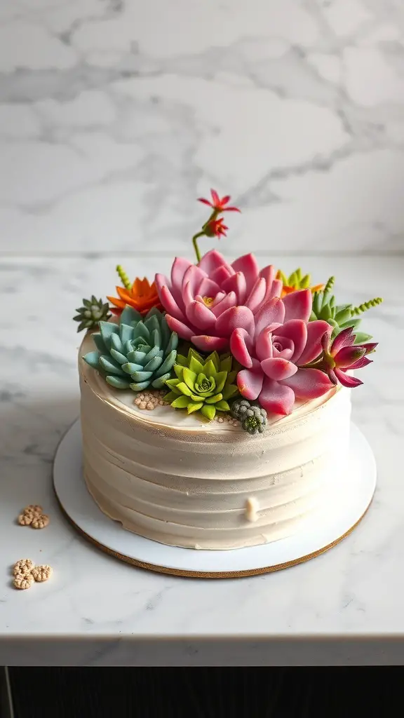 A beautifully decorated vanilla cake topped with colorful succulent decorations.