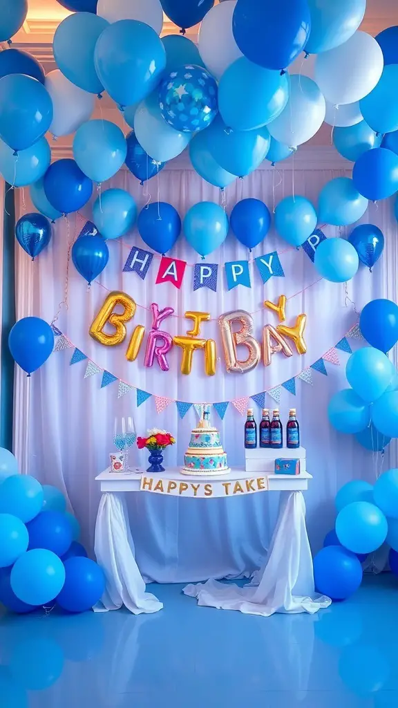 A vibrant Bluey-themed birthday party setup with blue balloons, a 'HAPPY BIRTHDAY' banner, and a decorated dessert table.