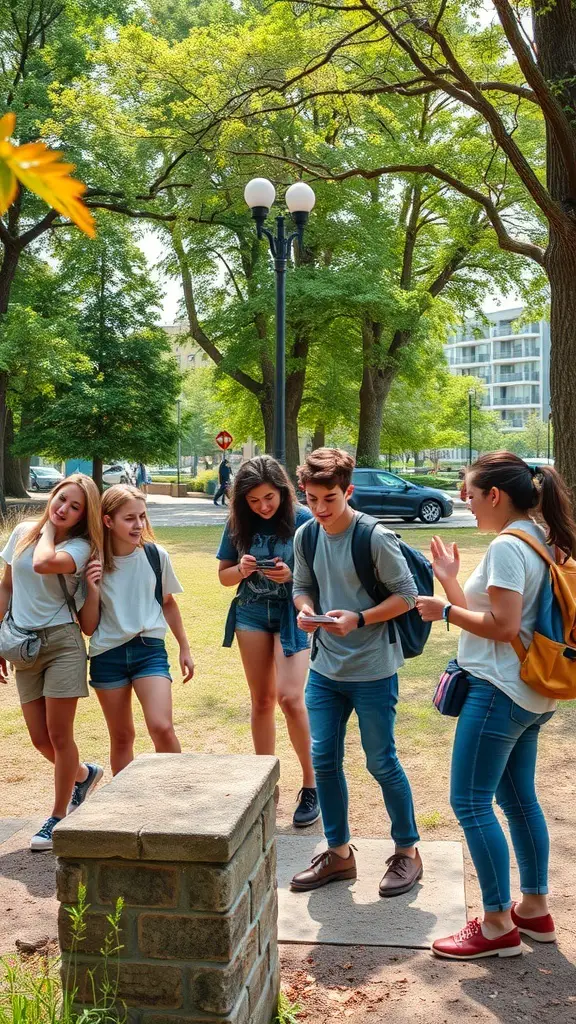 A group of friends participating in a scavenger hunt outdoors, looking at their phones and enjoying the activity.