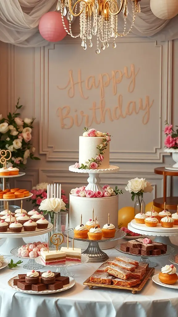 A beautifully arranged birthday dessert table with a cake, cupcakes, and various sweets.